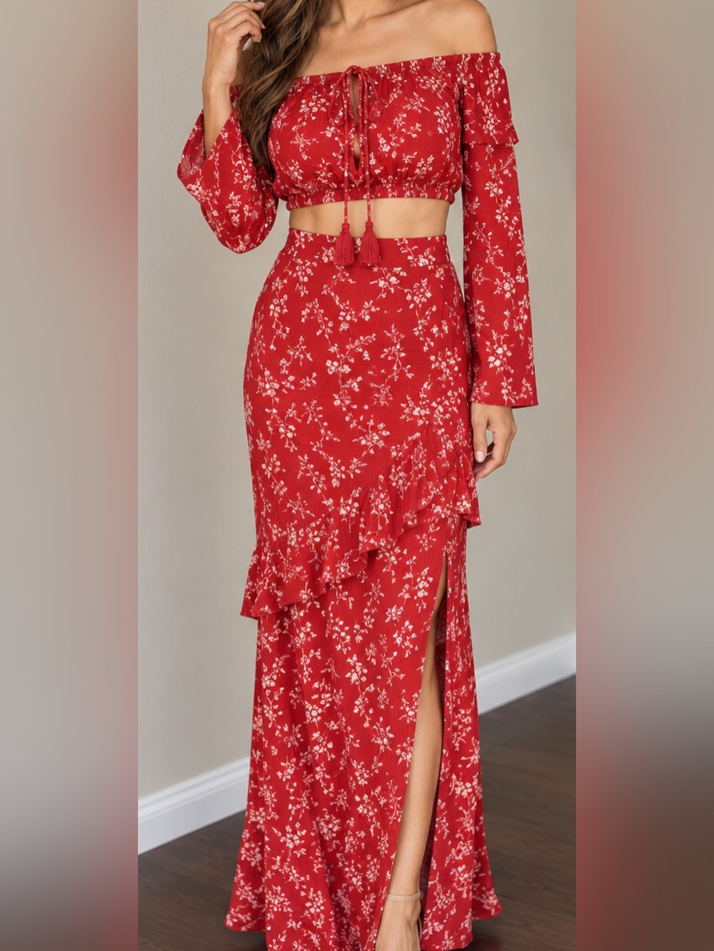 Red Floral Ruffle Maxi Skirt - Off-Shoulder Set